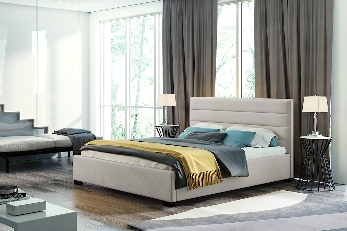 Łóżko tapicerowane z pojemnikiem Mesara jasnoszare 180/200 cm w tkaninie hydrofobowej welur nogi srebrne  - zdjęcie 2