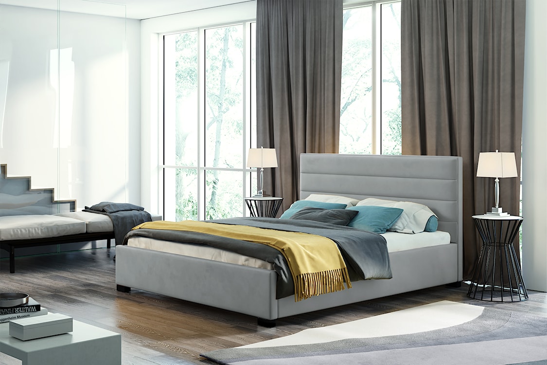 Łóżko tapicerowane z pojemnikiem Mesara szare 140/200 cm w tkaninie hydrofobowej welur nogi srebrne  - zdjęcie 2