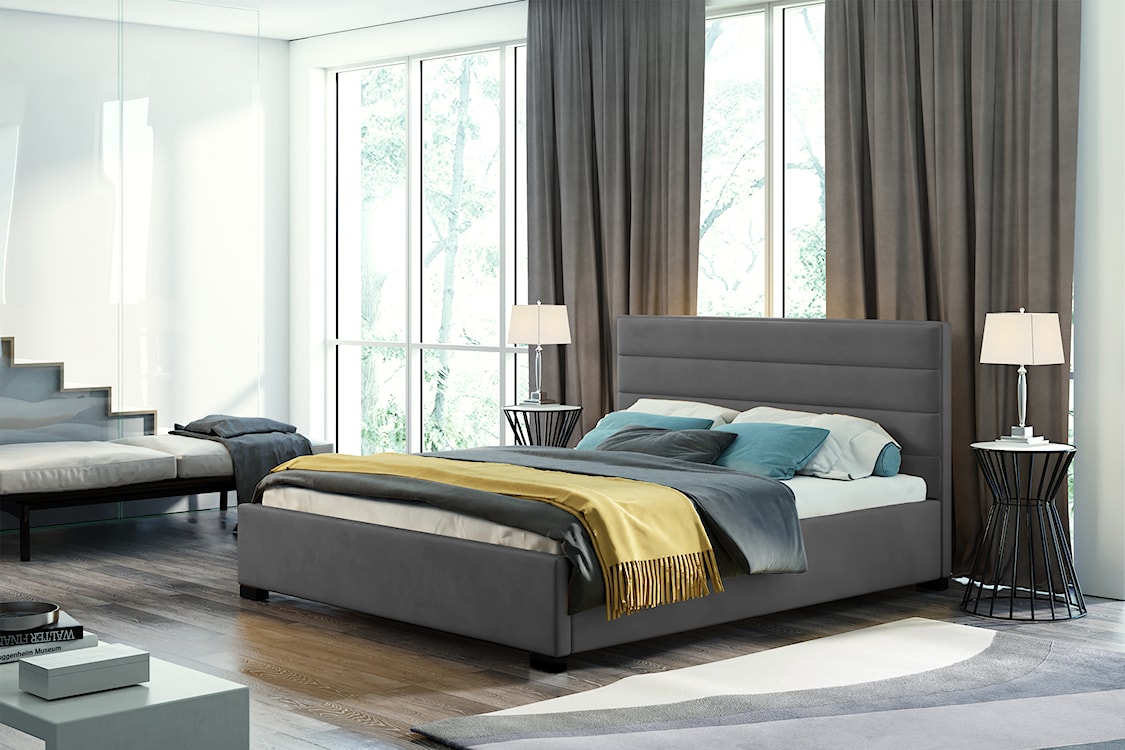 Łóżko tapicerowane z pojemnikiem Mesara ciemnoszare 140/200 cm w tkaninie hydrofobowej welur nogi srebrne  - zdjęcie 2