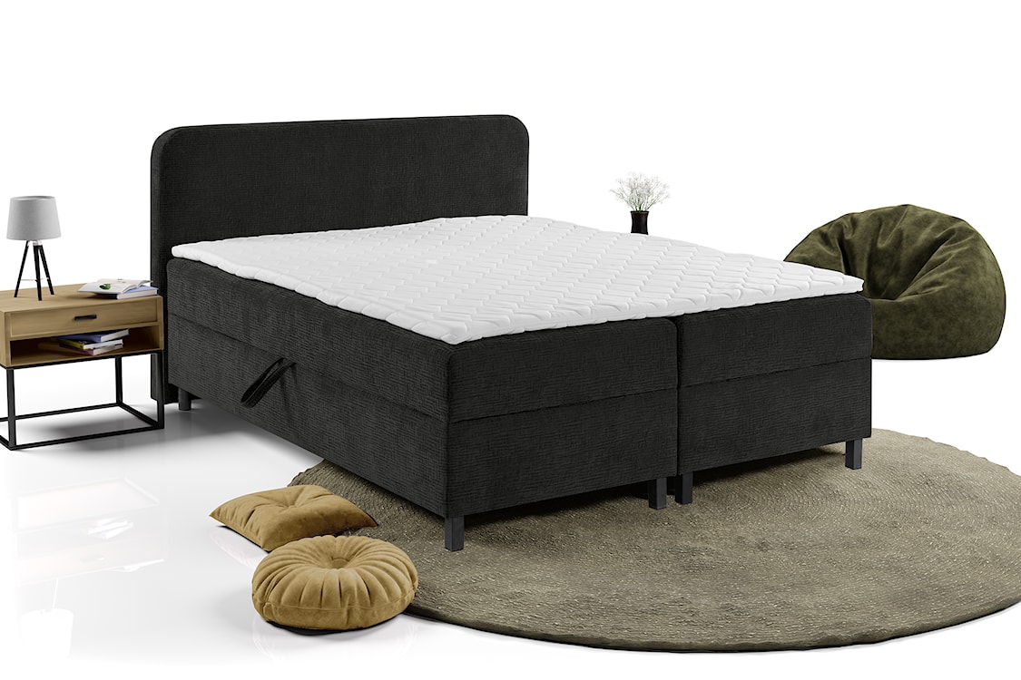 Łóżko kontynentalne z dwoma pojemnikami i topperem Noiro czarne 180/200 cm plecionka szenil nogi czarne  - zdjęcie 2