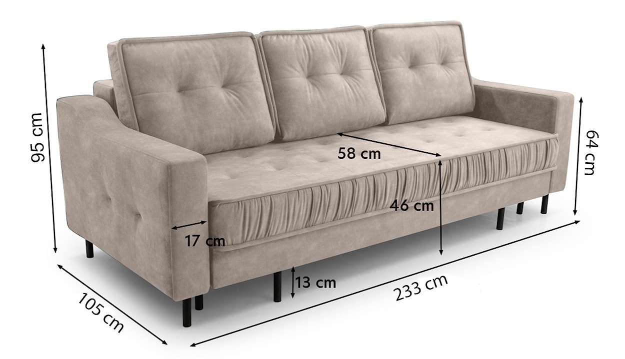 Kanapa rozkładana trzyosobowa Kojola z pojemnikiem beżowa welur hydrofobowy  - zdjęcie 7