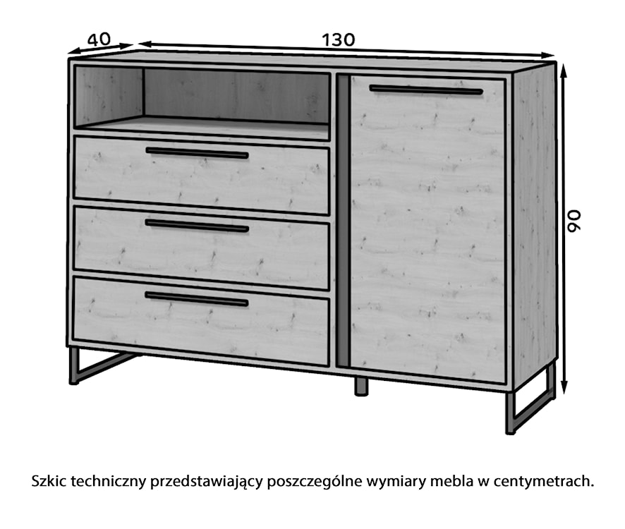 Komoda jednodrzwiowa Abirly 130 cm z trzema szufladami i półką dąb artisan/czarna  - zdjęcie 4