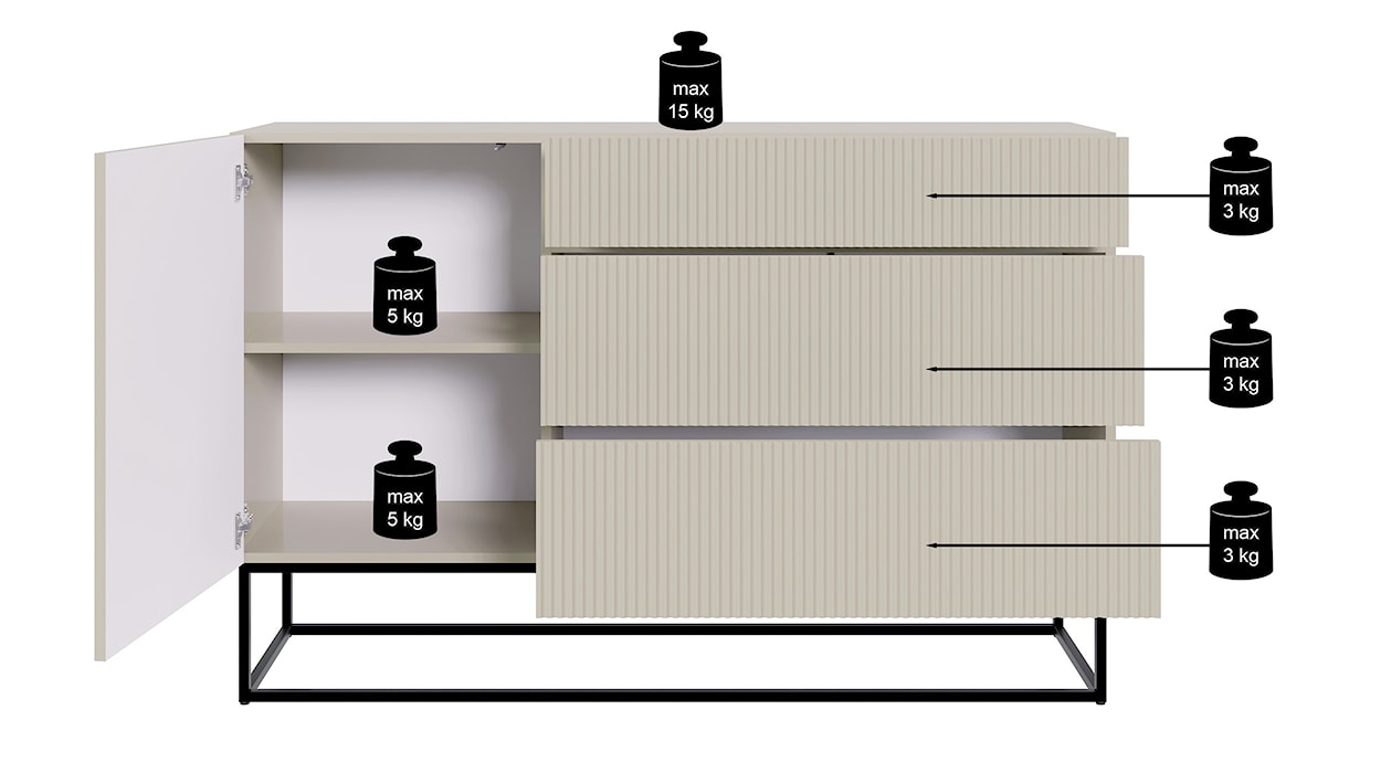 Komoda jednodrzwiowa Veldio z frezowanym frontem i trzema szufladami 140 cm Biała z czarnymi nogami  - zdjęcie 11