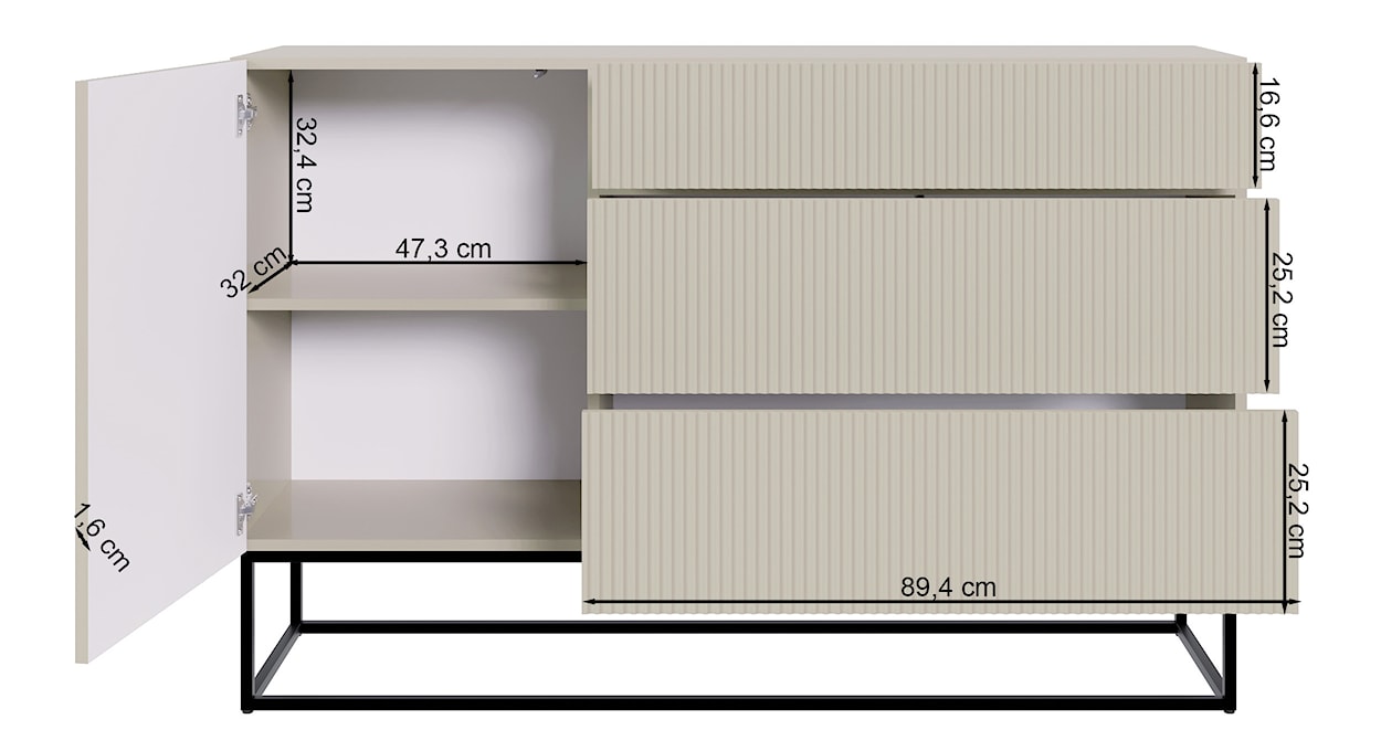 Komoda jednodrzwiowa Veldio z frezowanym frontem i trzema szufladami 140 cm Biała z czarnymi nogami  - zdjęcie 9