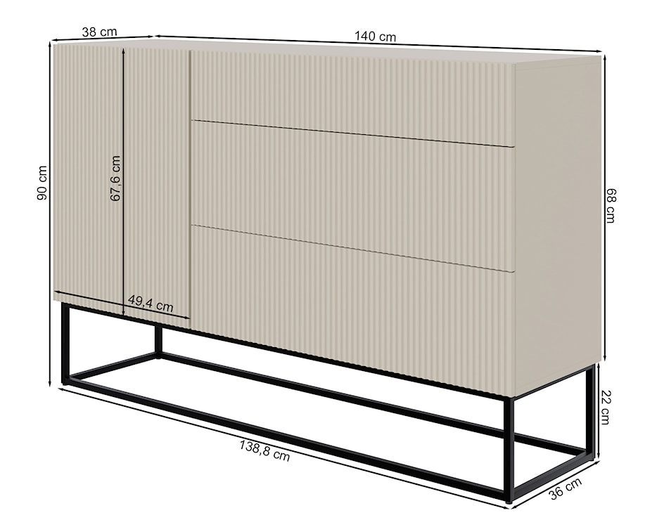 Komoda jednodrzwiowa Veldio z frezowanym frontem i trzema szufladami 140 cm Biała z czarnymi nogami  - zdjęcie 8