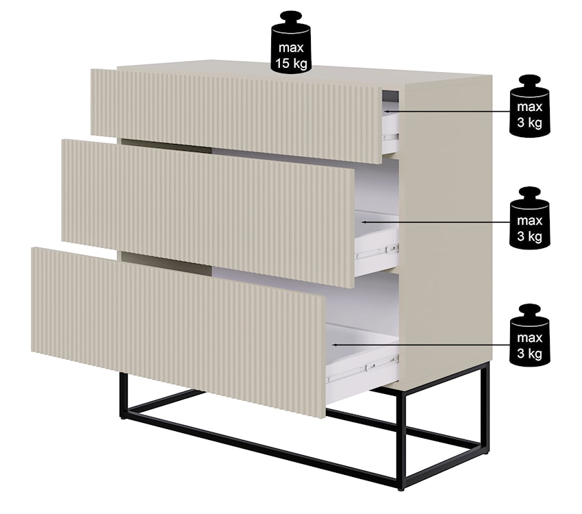 Komoda Veldio z frezowanym frontem i trzema szufladami 90 cm Biała ze złotymi nogami  - zdjęcie 9