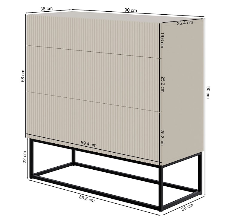 Komoda Veldio z frezowanym frontem i trzema szufladami 90 cm Biała ze złotymi nogami  - zdjęcie 8