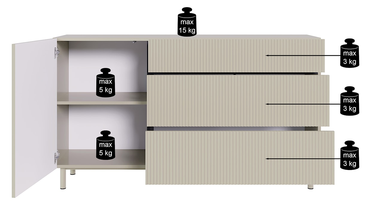 Komoda jednodrzwiowa Veldio New z frezowanym frontem i trzema szufladami 140 cm czarna  - zdjęcie 12