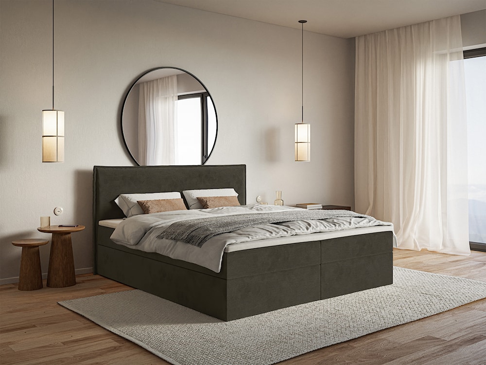 Łóżko kontynentalne 180x200 cm Softie z pojemnikami i topperem ciemnozielone welur hydrofobowy   - zdjęcie 2