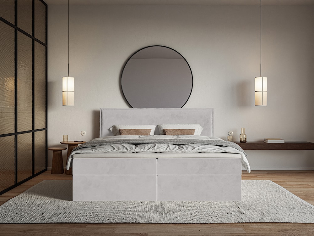 Łóżko kontynentalne 140x200 cm Softie z pojemnikami i topperem jasnoszare welur hydrofobowy   - zdjęcie 3