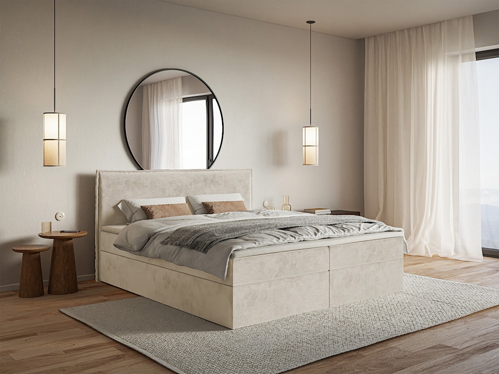 Łóżko kontynentalne 140x200 cm Softie z pojemnikami i topperem beżowe welur hydrofobowy   - zdjęcie 2