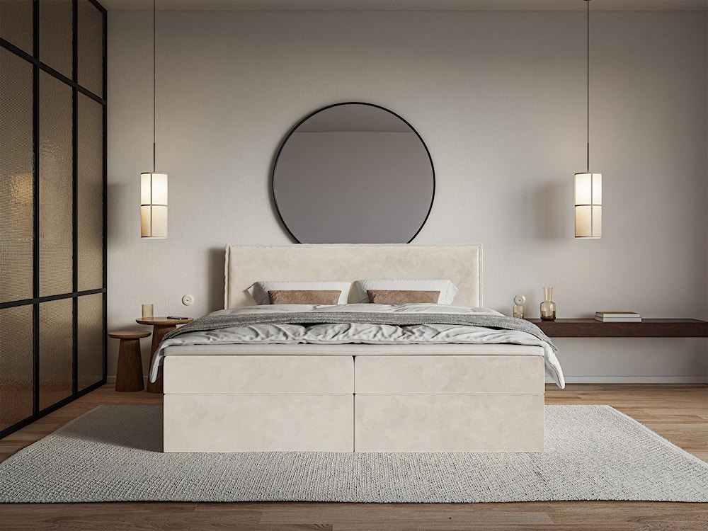 Łóżko kontynentalne 140x200 cm Softie z pojemnikami i topperem beżowe welur hydrofobowy   - zdjęcie 3