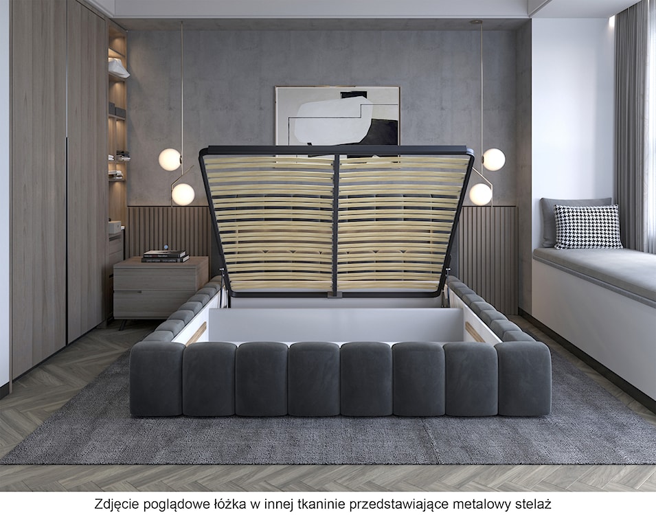 Łóżko tapicerowane 160x200 cm Rodeiro z pojemnikami i oświetleniem z metalowym stelażem granatowe welwet hydrofobowy  - zdjęcie 3