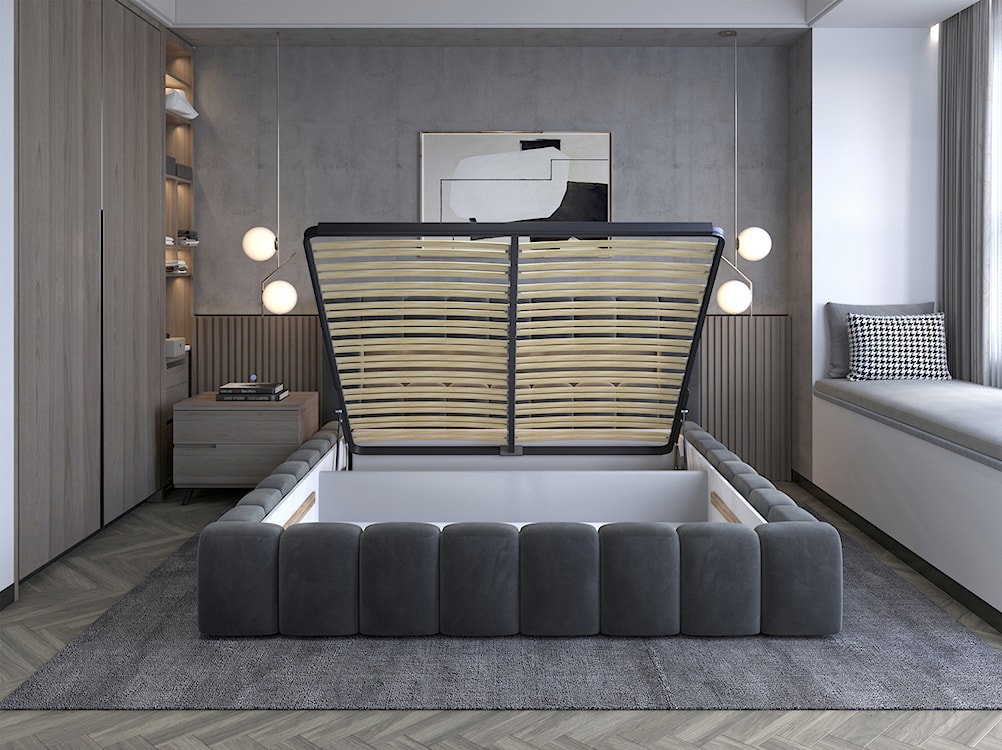 Łóżko tapicerowane 180x200 cm Rodeiro z pojemnikami i oświetleniem z metalowym stelażem ciemnoszare welwet hydrofobowy  - zdjęcie 3