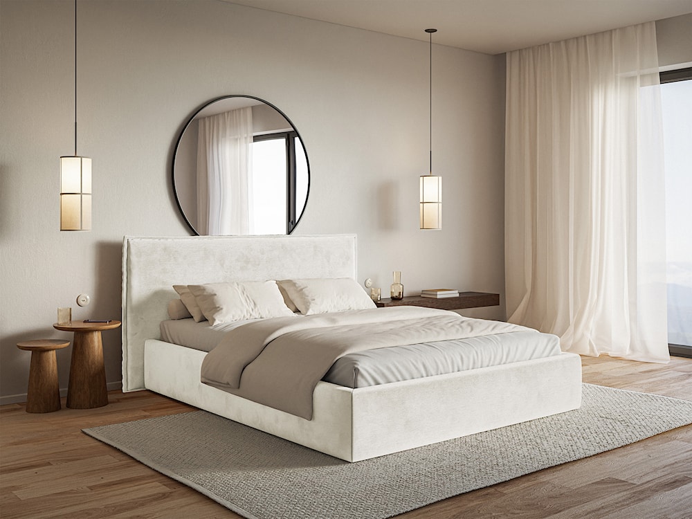 Łóżko tapicerowane 180x200 cm Softie z pojemnikiem szarobeżowe welur hydrofobowy stelaż metalowy  - zdjęcie 2