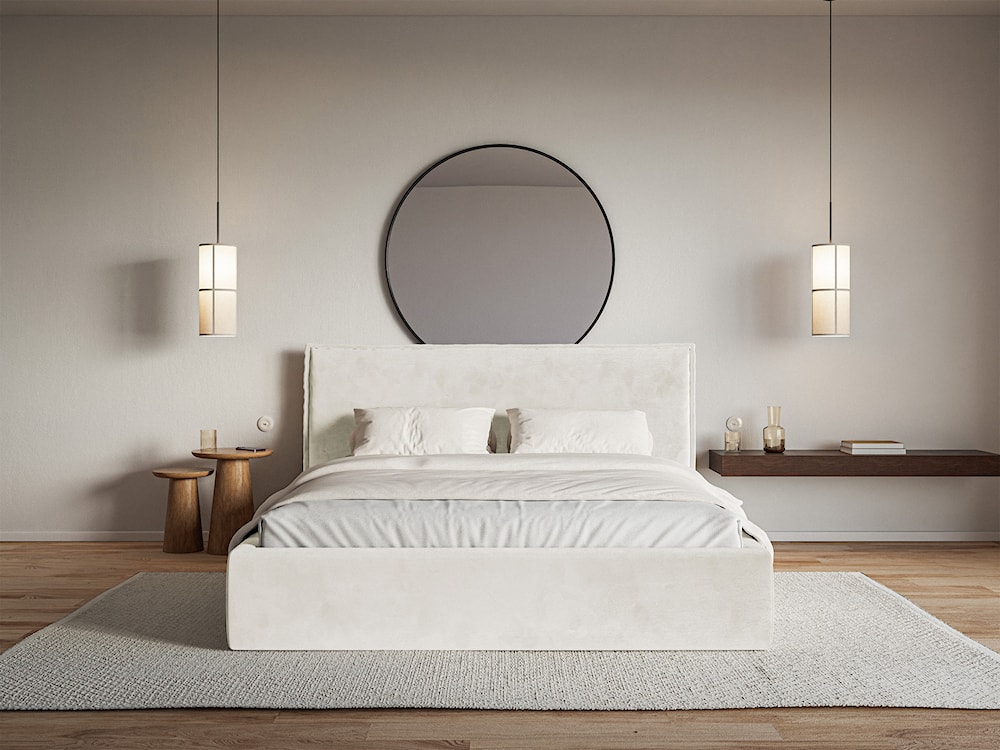 Łóżko tapicerowane 180x200 cm Softie z pojemnikiem szarobeżowe welur hydrofobowy stelaż metalowy  - zdjęcie 3