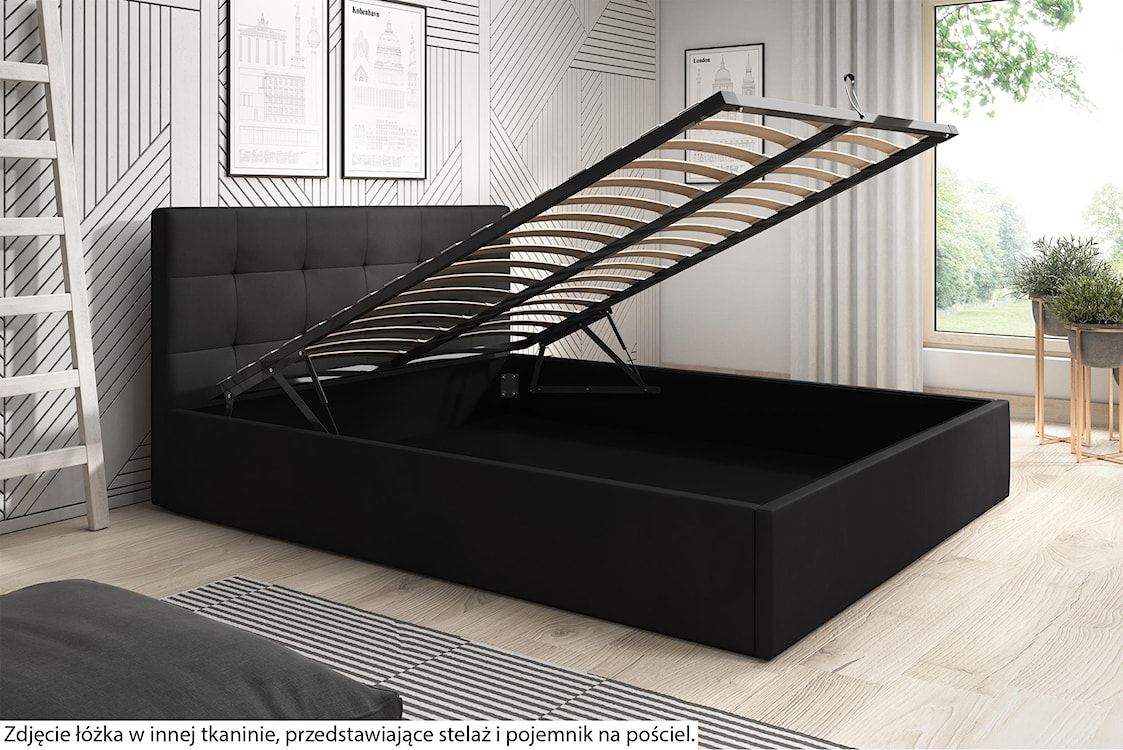Łóżko tapicerowane 160x200 cm Laureno z pojemnikiem na pościel jasnoszare plecionka stelaż metalowy  - zdjęcie 3