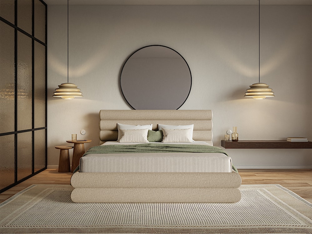 Łóżko tapicerowane 180x200 cm Buffalino z pojemnikiem stelaż metalowy jasnobeżowe boucle  - zdjęcie 2