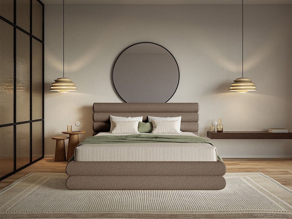 Łóżko tapicerowane 160x200 cm Buffalino z pojemnikiem stelaż metalowy jasnobrązowe boucle  - zdjęcie 2