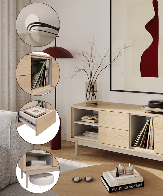 Szafka RTV jednodrzwiowa Layen z dwiema szufladami i trzema wnękami 138 cm dąb lindberg/kaszmir  - zdjęcie 8