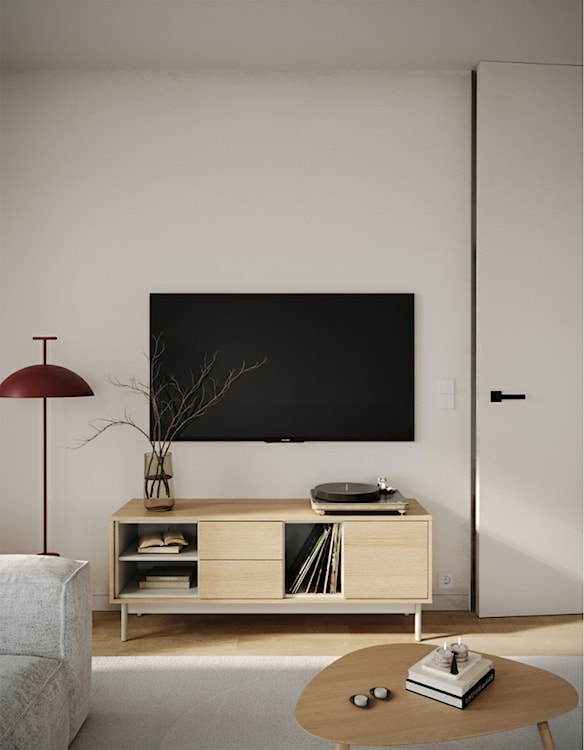 Szafka RTV jednodrzwiowa Layen z dwiema szufladami i trzema wnękami 138 cm dąb lindberg/kaszmir  - zdjęcie 5