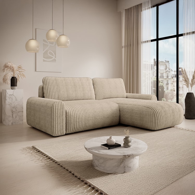 Narożnik z funkcją spania Lelu L-kształtny uniwersalny z pojemnikiem beżowy sztruks  - zdjęcie 2