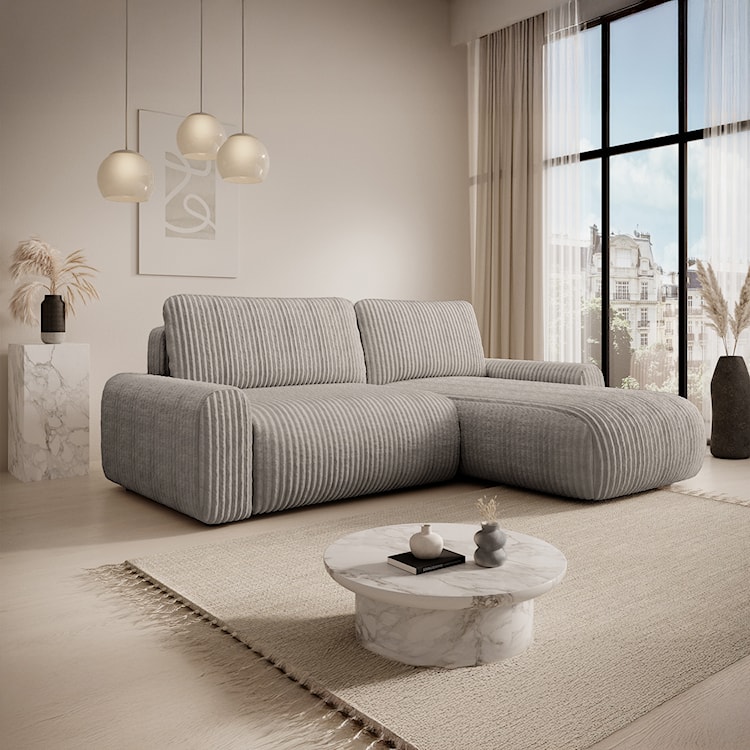 Narożnik z funkcją spania Lelu L-kształtny uniwersalny z pojemnikiem szarobeżowy sztruks  - zdjęcie 2