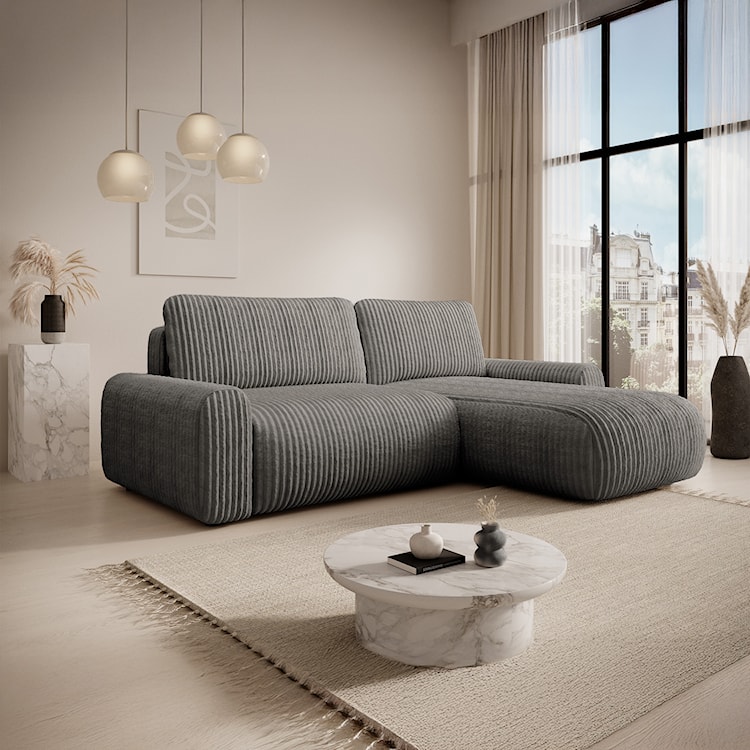 Narożnik z funkcją spania Lelu L-kształtny uniwersalny z pojemnikiem ciemnobeżowy sztruks  - zdjęcie 2