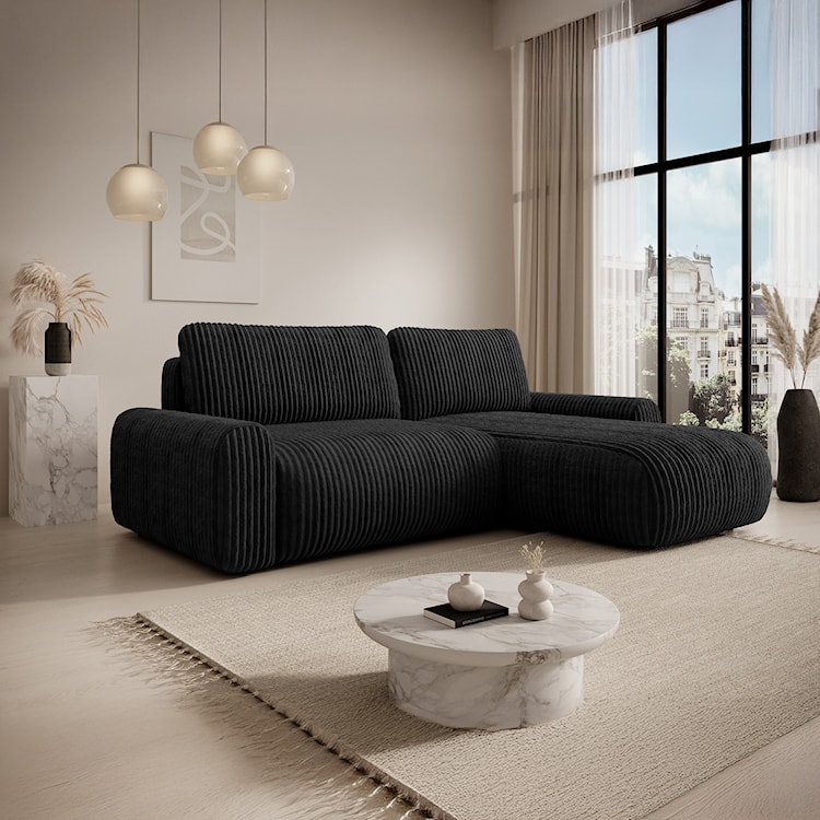 Narożnik z funkcją spania Lelu L-kształtny uniwersalny z pojemnikiem czarny sztruks  - zdjęcie 2