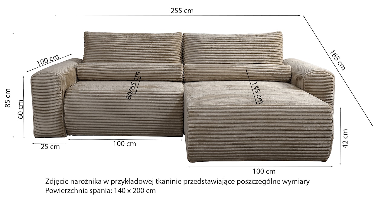 Narożnik z funkcją spania Leo L-kształtny uniwersalny z pojemnikiem jasnobeżowy gruby sztruks  - zdjęcie 6