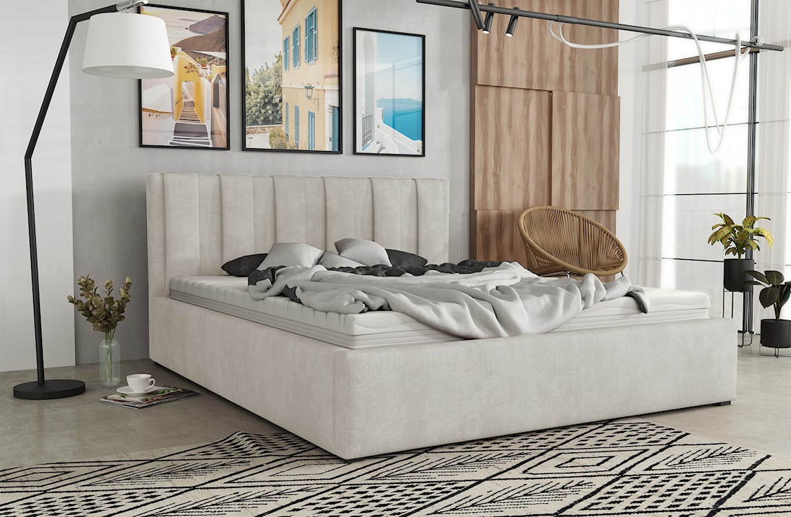 Łóżko tapicerowane 200x200 cm Walence z pojemnikiem stelaż metalowy kremowe welur hydrofobowy  - zdjęcie 2