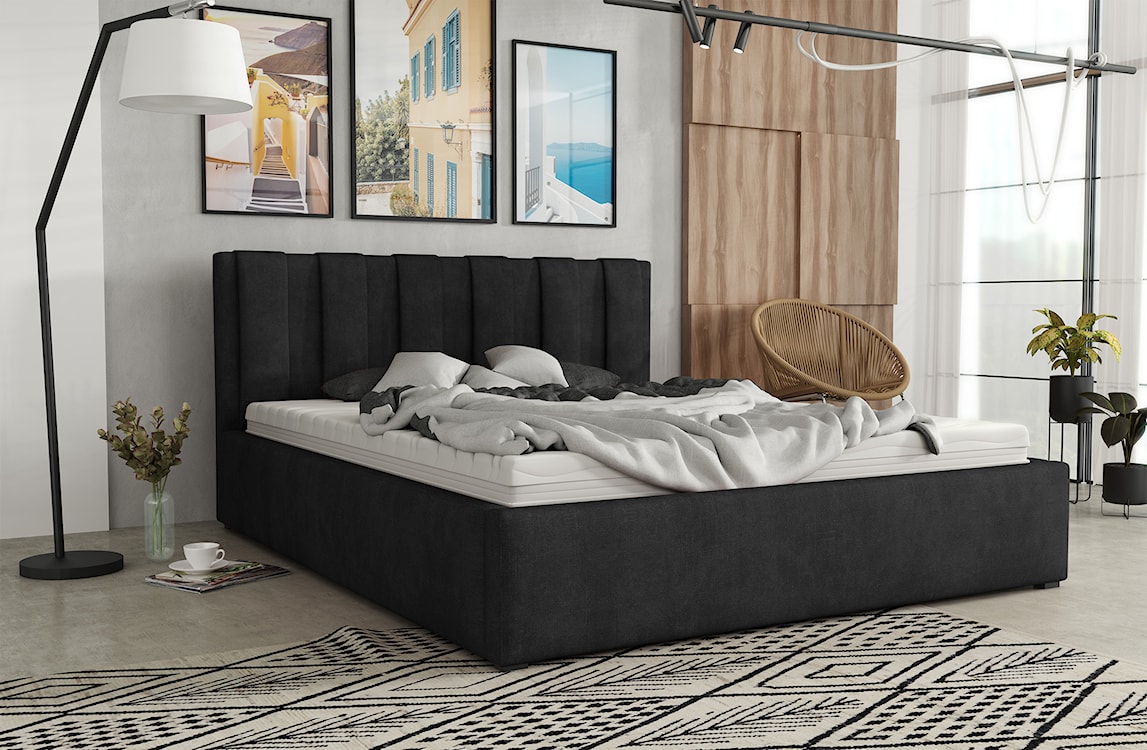Łóżko tapicerowane 160x200 cm Walence z pojemnikiem stelaż metalowy czarne welur hydrofobowy  - zdjęcie 2