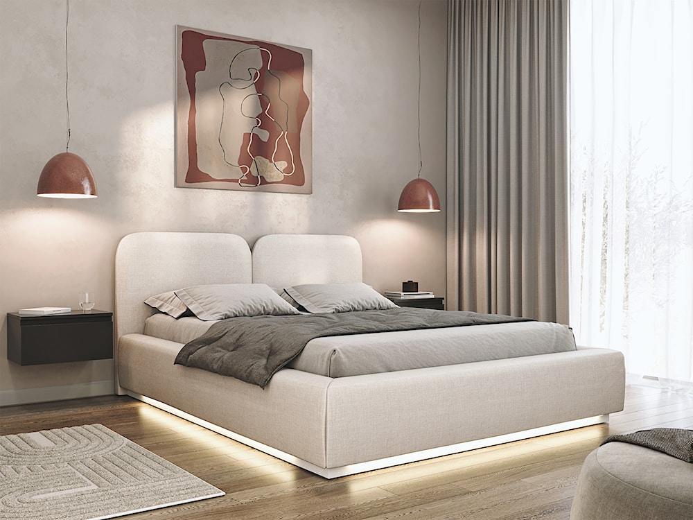 Łóżko tapicerowane 140x200 cm Comoves z pojemnikiem i oświetleniem LED stelaż metalowy kremowe szenil  - zdjęcie 2