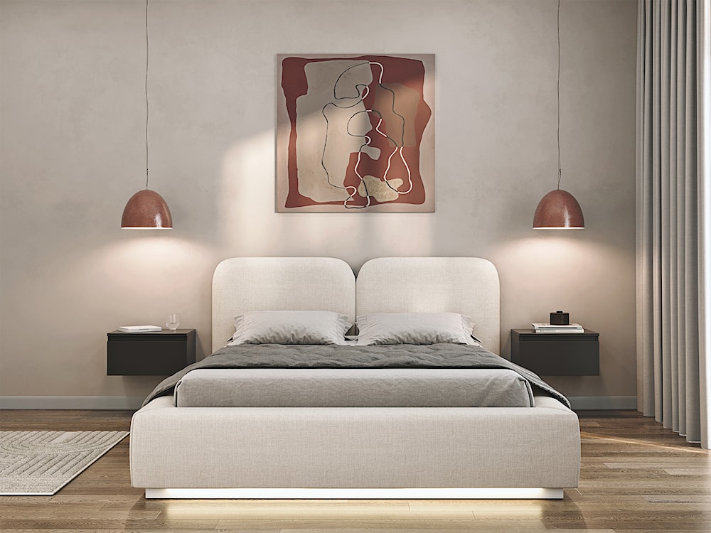 Łóżko tapicerowane 140x200 cm Comoves z pojemnikiem i oświetleniem LED stelaż metalowy kremowe szenil  - zdjęcie 3