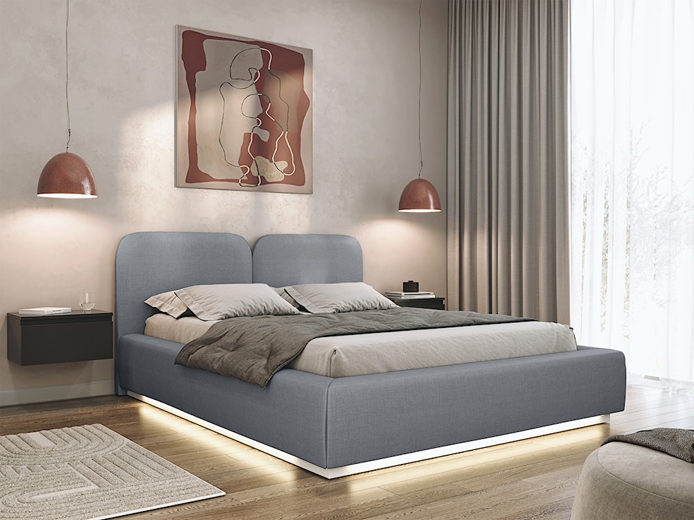 Łóżko tapicerowane 140x200 cm Comoves z pojemnikiem i oświetleniem LED stelaż metalowy szare szenil  - zdjęcie 2
