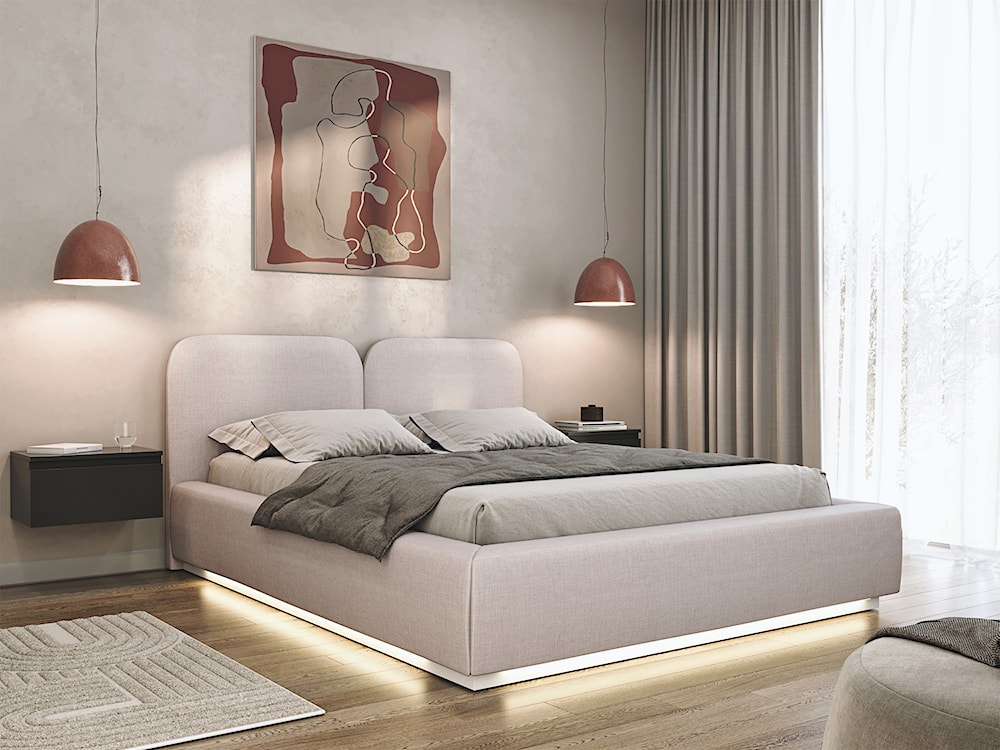 Łóżko tapicerowane 140x200 cm Comoves z pojemnikiem i oświetleniem LED stelaż metalowy jasnobeżowe szenil  - zdjęcie 2
