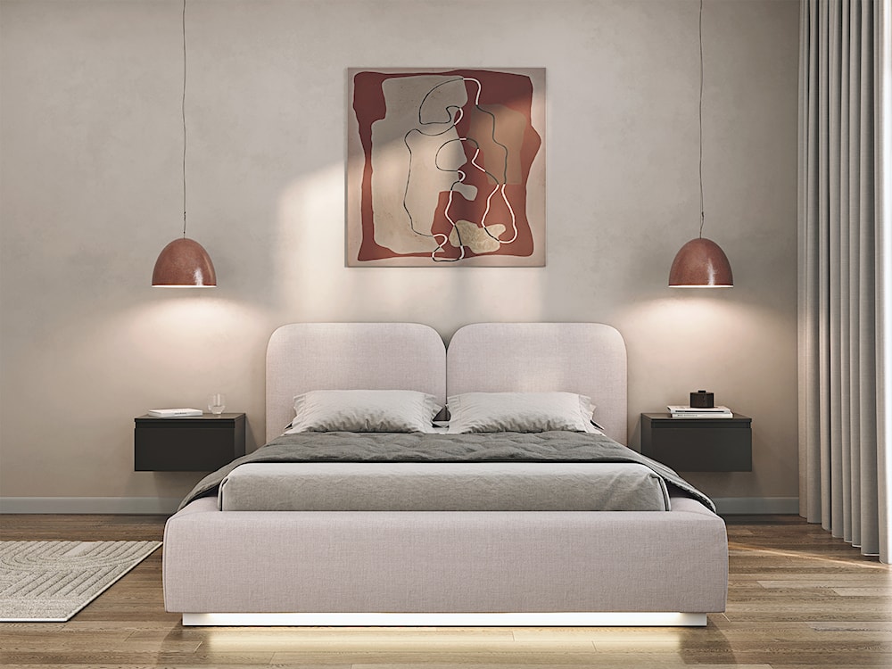 Łóżko tapicerowane 140x200 cm Comoves z pojemnikiem i oświetleniem LED stelaż metalowy jasnobeżowe szenil  - zdjęcie 3