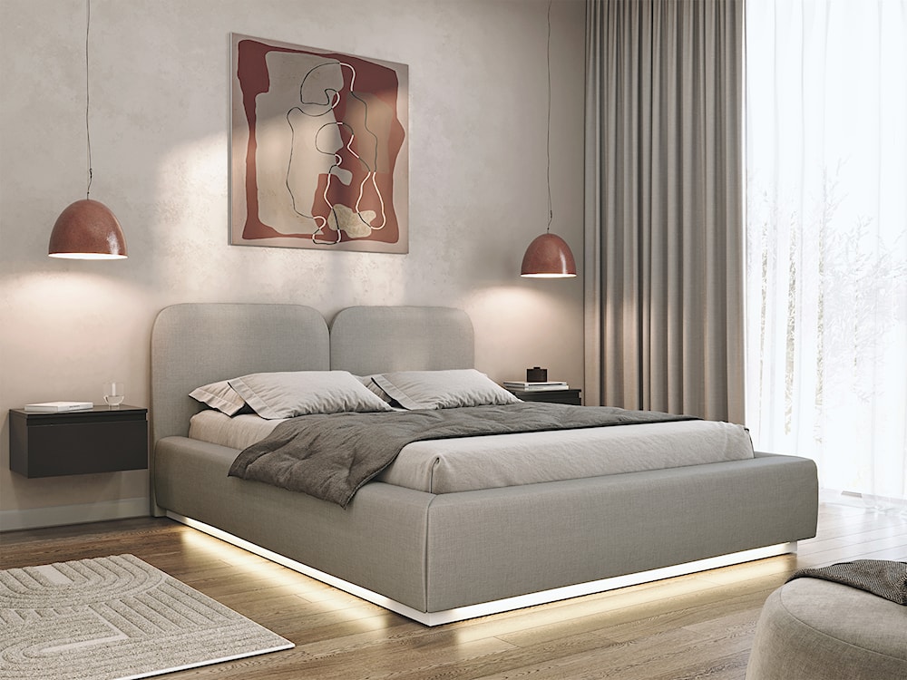 Łóżko tapicerowane 140x200 cm Comoves z pojemnikiem i oświetleniem LED stelaż metalowy ciemnobeżowe szenil  - zdjęcie 2