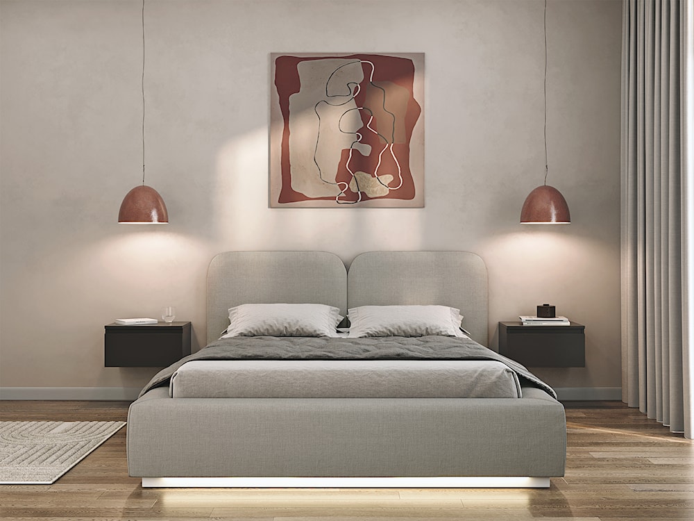 Łóżko tapicerowane 140x200 cm Comoves z pojemnikiem i oświetleniem LED stelaż metalowy ciemnobeżowe szenil  - zdjęcie 3
