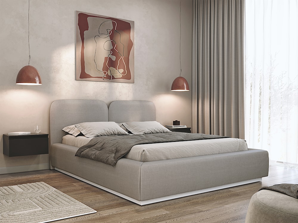 Łóżko tapicerowane 140x200 cm Comoves z pojemnikiem stelaż metalowy ciemnobeżowe szenil  - zdjęcie 2