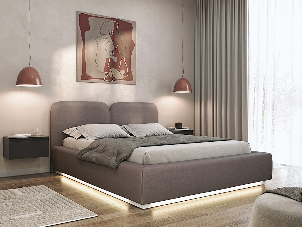 Łóżko tapicerowane 140x200 cm Comoves z pojemnikiem i oświetleniem LED stelaż metalowy brązowe szenil  - zdjęcie 2