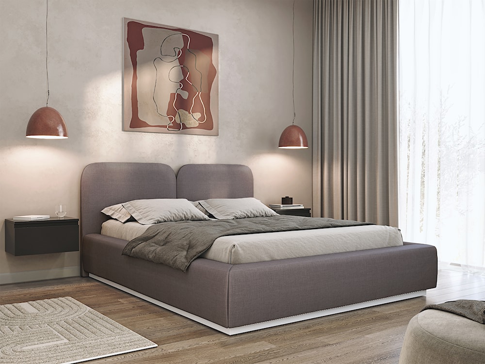 Łóżko tapicerowane 140x200 cm Comoves z pojemnikiem stelaż metalowy brązowe szenil  - zdjęcie 2