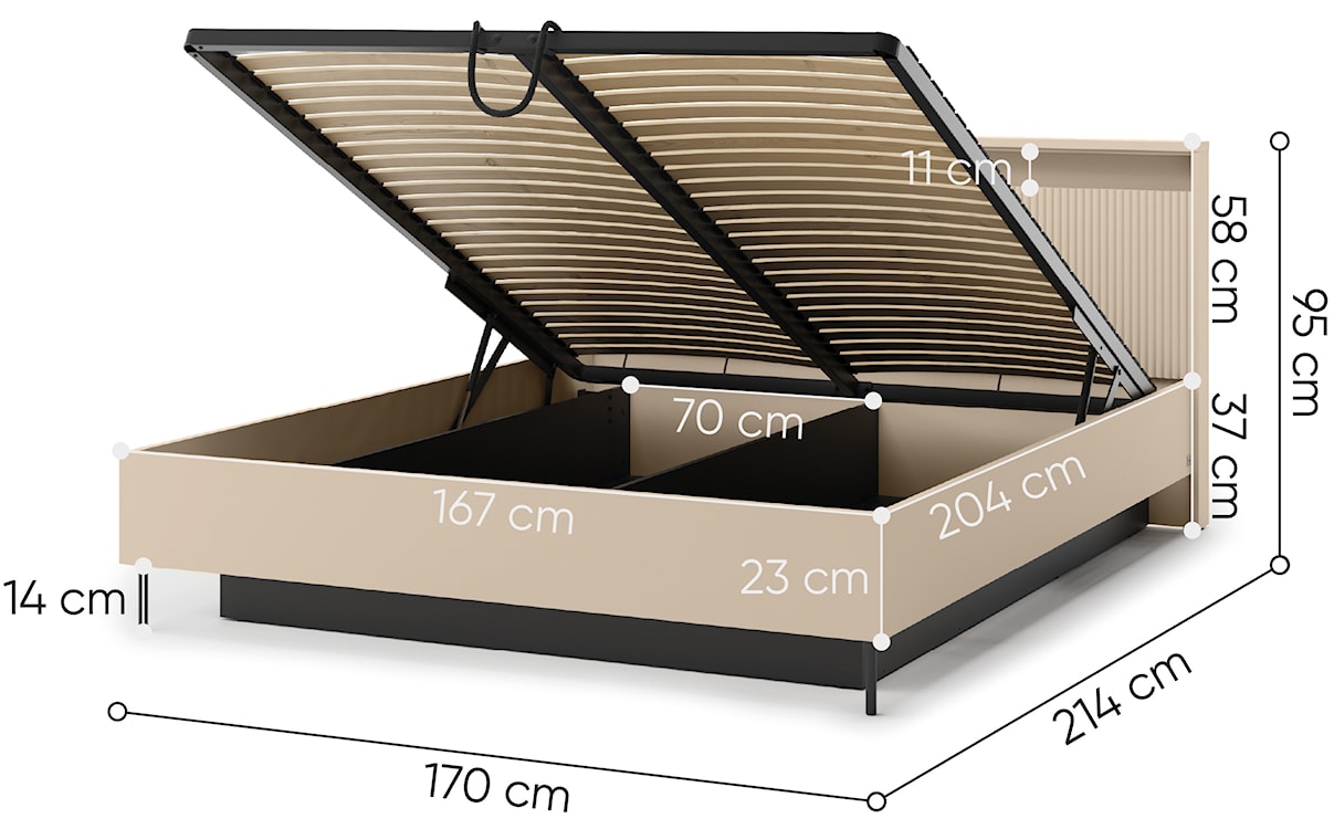 Łóżko Trend 160x200 cm ryflowane z pojemnikiem i oświetleniem beż piaskowy / czarny  - zdjęcie 8