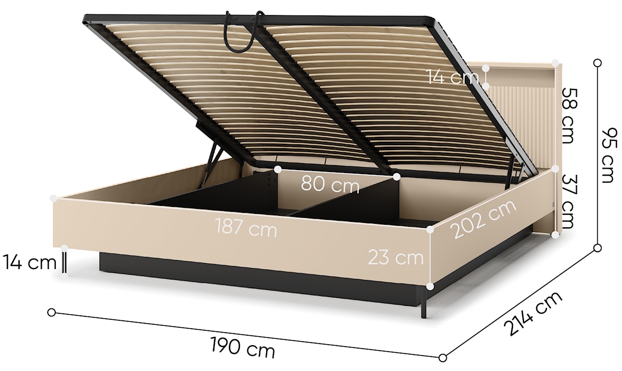 Łóżko Trend 180x200 cm ryflowane z pojemnikiem i oświetleniem beż piaskowy / czarny  - zdjęcie 8