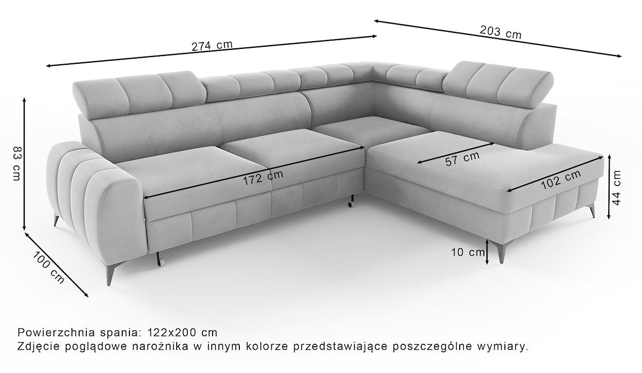 Narożnik z funkcją spania London L-kształtny prawostronny z pojemnikiem ciemnoszary welur  - zdjęcie 8