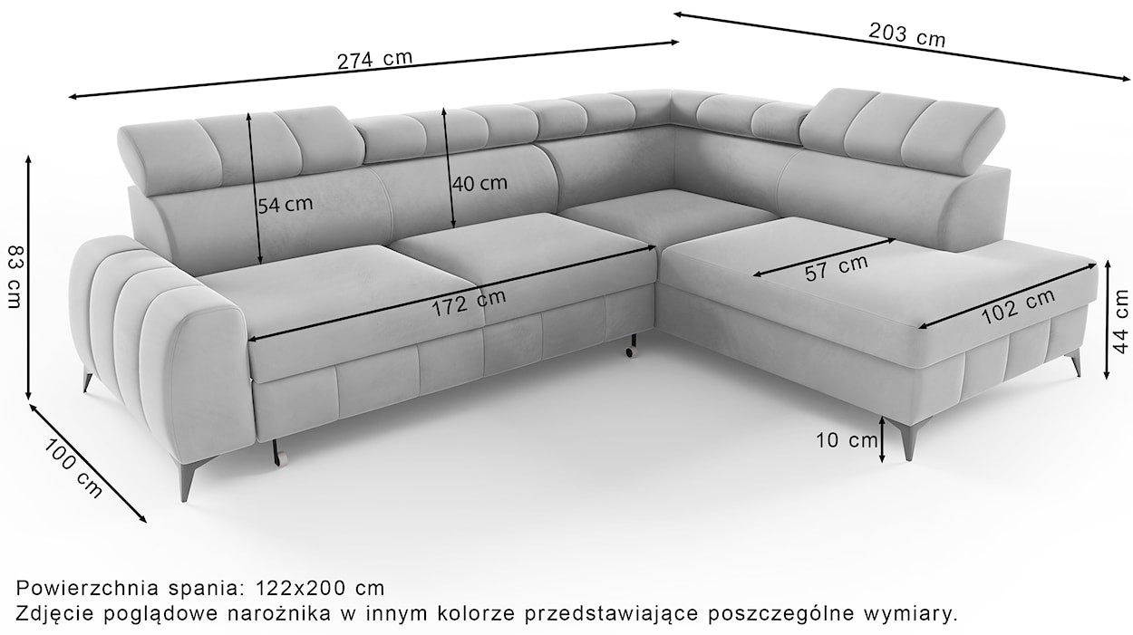 Narożnik z funkcją spania London L-kształtny prawostronny z pojemnikiem jasnoszary welur  - zdjęcie 8