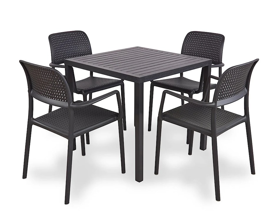 Zestaw ogrodowy stół kwadratowy Cube 80 cm i 4 krzesła z podłokietnikami Bora Nardi z certyfikowanego tworzywa antracytowy