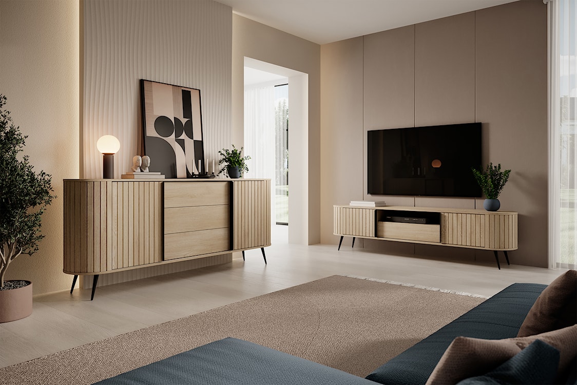 Szafka RTV dwudrzwiowa Lovi z szufladą i ryflowaniem przesuwna 196 cm dąb cremona  - zdjęcie 2