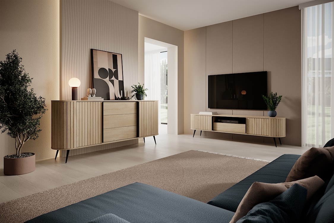 Szafka RTV dwudrzwiowa Lovi z szufladą i ryflowaniem przesuwna 196 cm dąb cremona  - zdjęcie 4