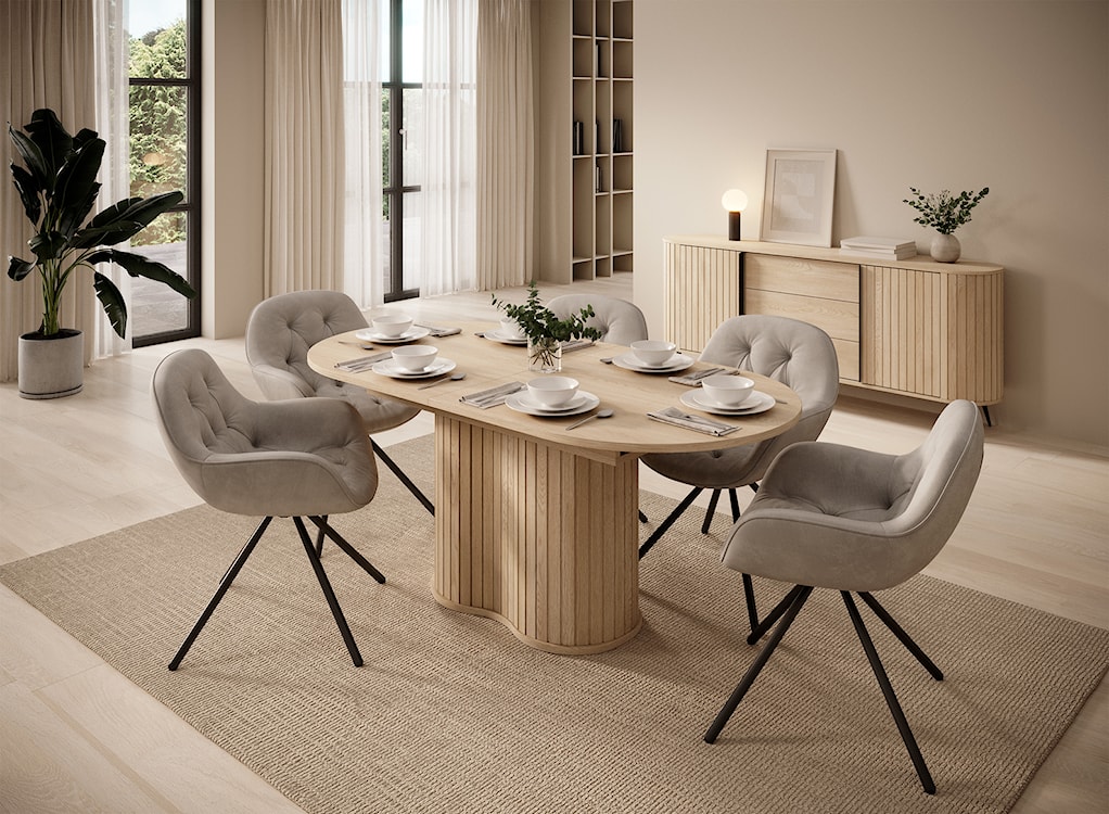 Komoda dwudrzwiowa Lovi z trzema szufladami i ryflowaniem przesuwna 196 cm dąb cremona  - zdjęcie 5